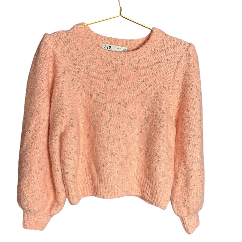 ZARA Pink‎ Sparkle Puff Sleeve Sweater Womens Size Medium - Picture 2 of 7